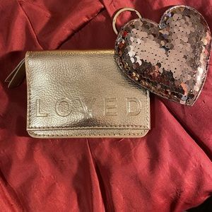 Heart sequin keychain and metallic wallet pink